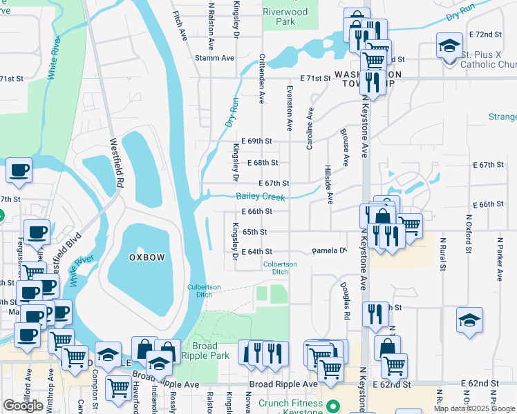 map of restaurants, bars, coffee shops, grocery stores, and more near 1904 East 66th Street in Indianapolis