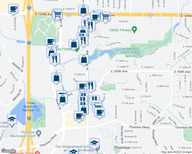 map of restaurants, bars, coffee shops, grocery stores, and more near 925 East 100th Avenue in Thornton