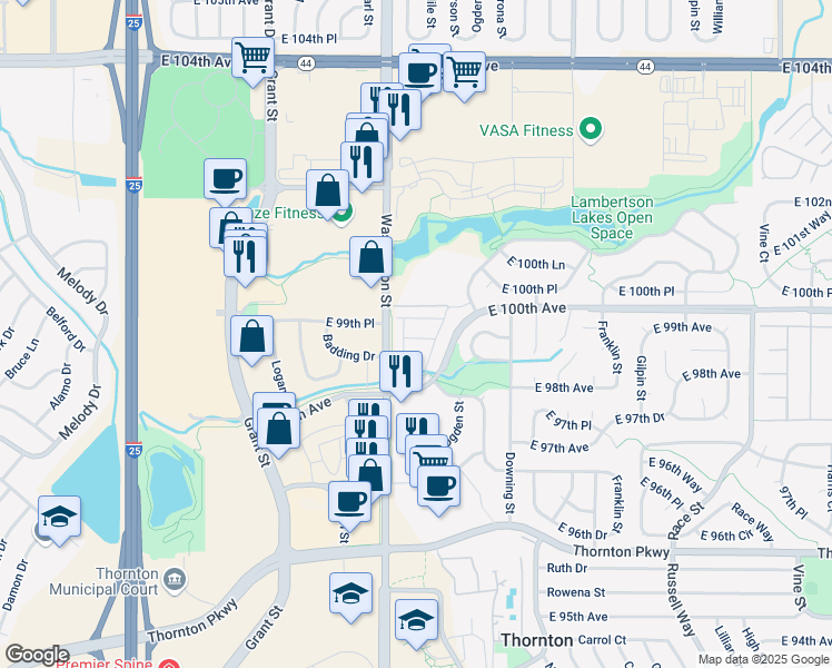 map of restaurants, bars, coffee shops, grocery stores, and more near 925 East 100th Avenue in Thornton