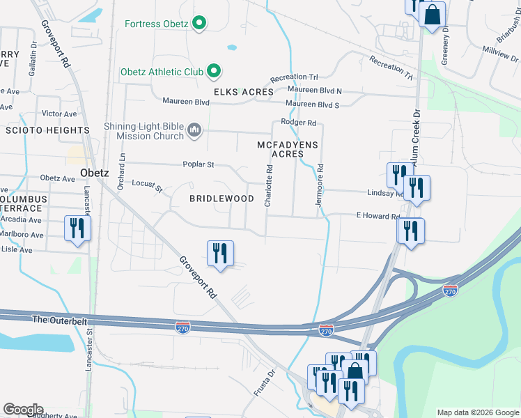 map of restaurants, bars, coffee shops, grocery stores, and more near 4430 Trotter Drive in Obetz