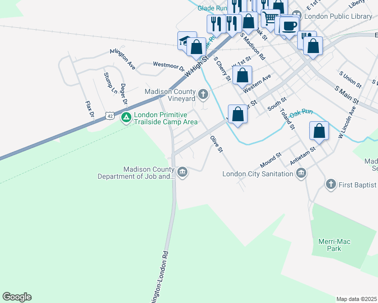 map of restaurants, bars, coffee shops, grocery stores, and more near 265 Bowman Court in London
