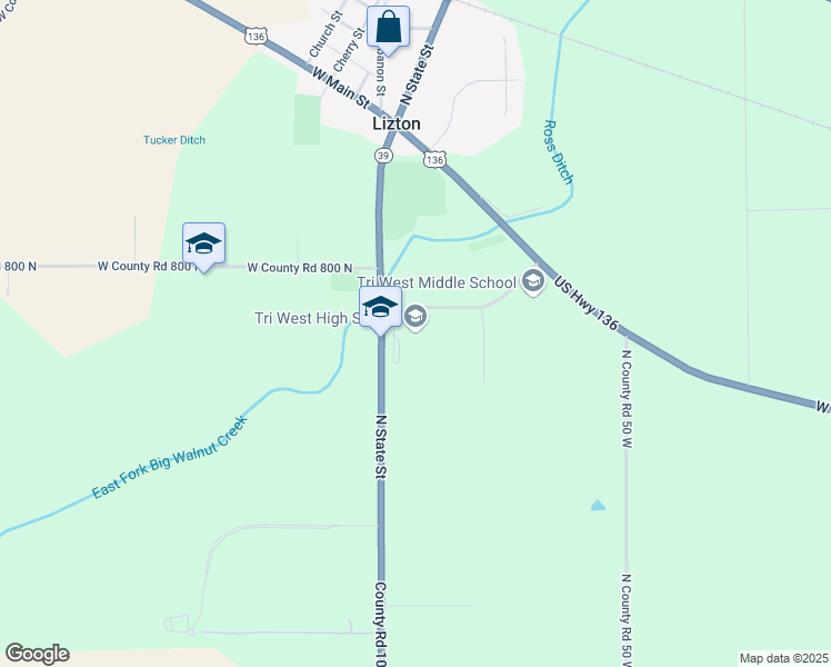 map of restaurants, bars, coffee shops, grocery stores, and more near 7883 Indiana 39 in Lizton