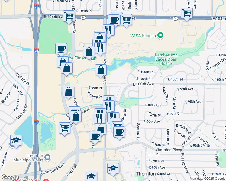 map of restaurants, bars, coffee shops, grocery stores, and more near 925 East 100th Avenue in Thornton