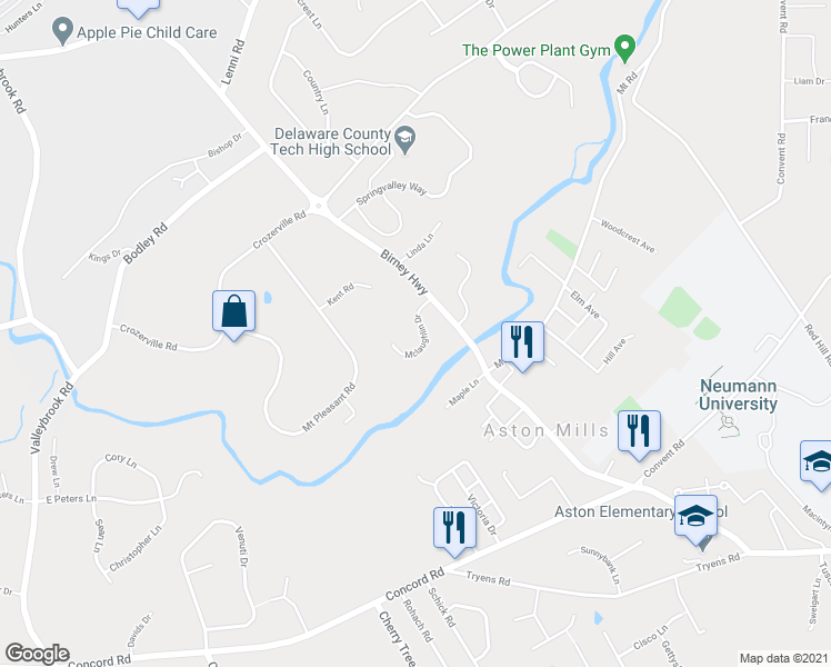 map of restaurants, bars, coffee shops, grocery stores, and more near 110 Mclaughlin Drive in Aston