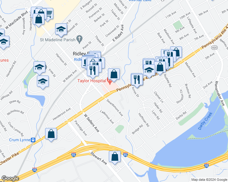map of restaurants, bars, coffee shops, grocery stores, and more near 195 Chester Pike in Ridley Park