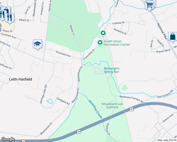 map of restaurants, bars, coffee shops, grocery stores, and more near 5 Blackstone Drive in Uniontown