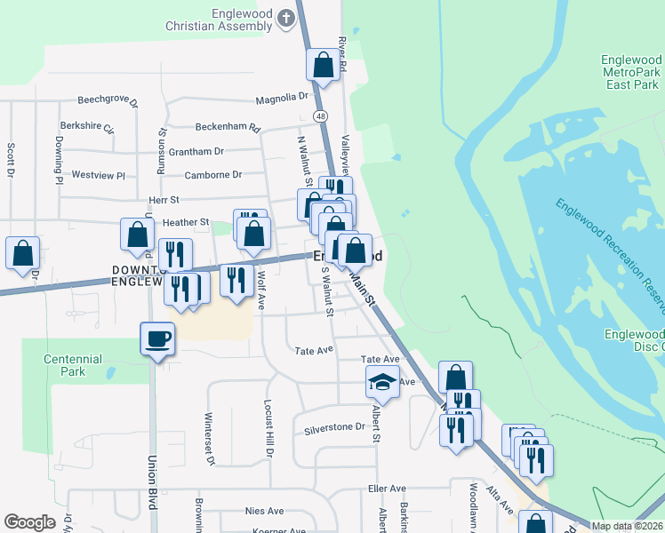 map of restaurants, bars, coffee shops, grocery stores, and more near 14 National Road in Englewood