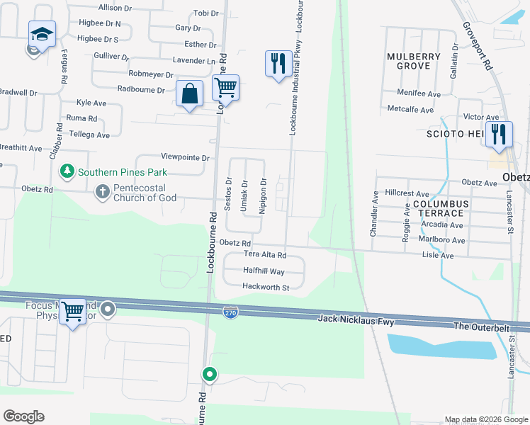 map of restaurants, bars, coffee shops, grocery stores, and more near 4269 Nipigon Drive in Columbus