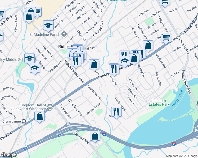 map of restaurants, bars, coffee shops, grocery stores, and more near in Ridley Park