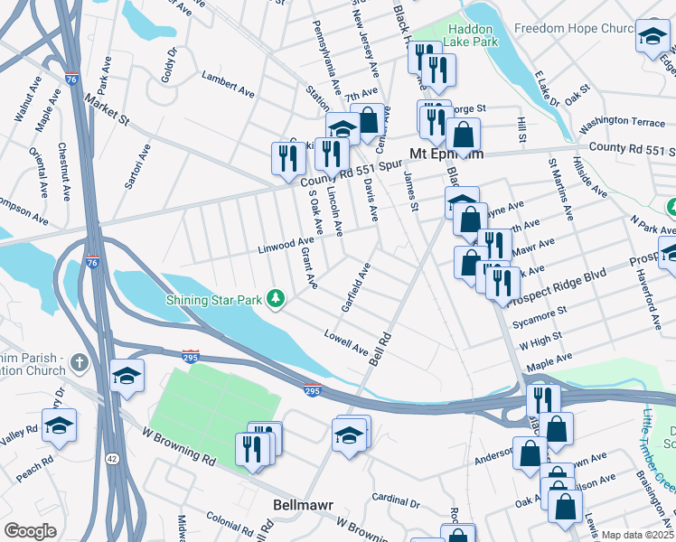 map of restaurants, bars, coffee shops, grocery stores, and more near 420 Winthrop Avenue in Mount Ephraim