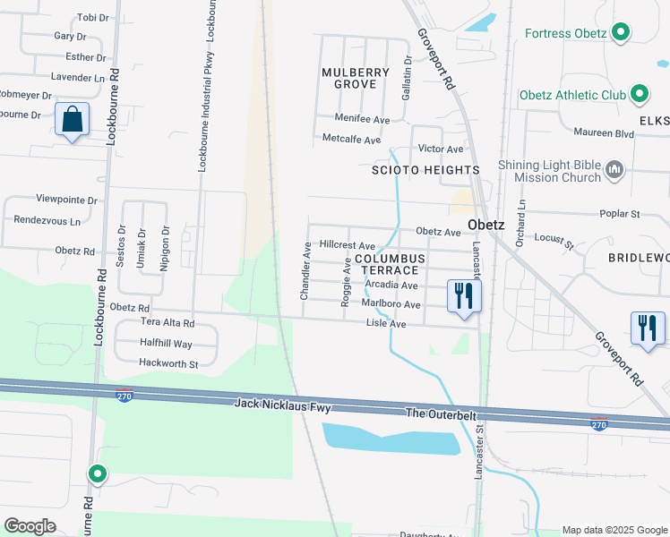 map of restaurants, bars, coffee shops, grocery stores, and more near 1620 Meriline Avenue in Obetz