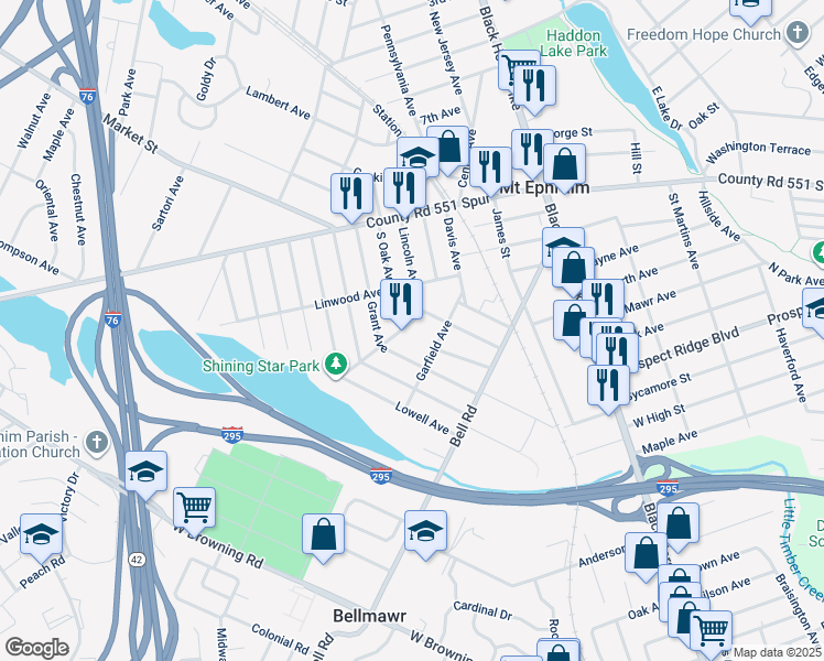 map of restaurants, bars, coffee shops, grocery stores, and more near 420 Winthrop Avenue in Mount Ephraim