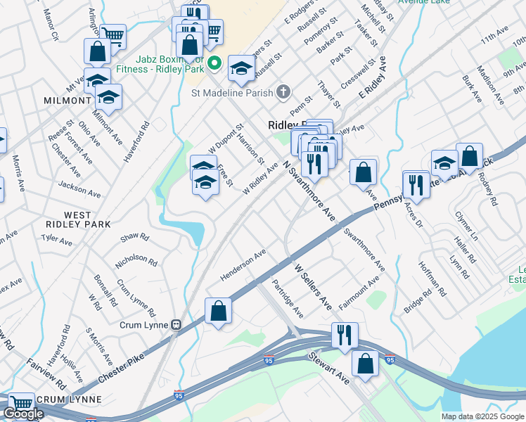 map of restaurants, bars, coffee shops, grocery stores, and more near 28 West Hinckley Avenue in Ridley Park