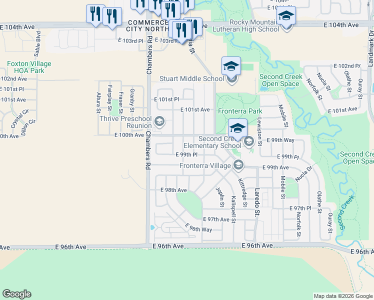 map of restaurants, bars, coffee shops, grocery stores, and more near 9965 Helena Street in Commerce City