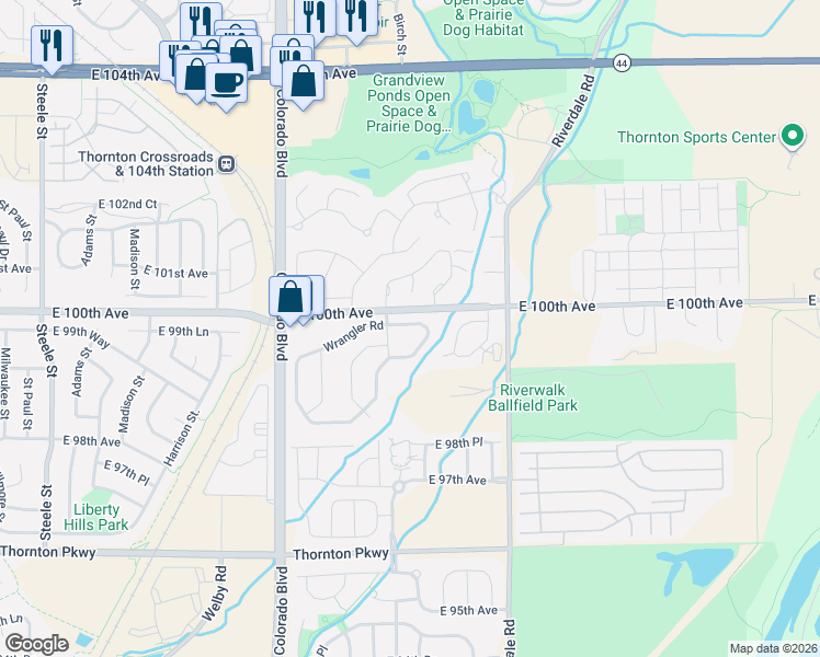 map of restaurants, bars, coffee shops, grocery stores, and more near Hitching Post Road in Thornton