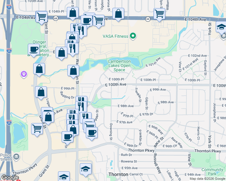 map of restaurants, bars, coffee shops, grocery stores, and more near 9995 Downing Street in Thornton