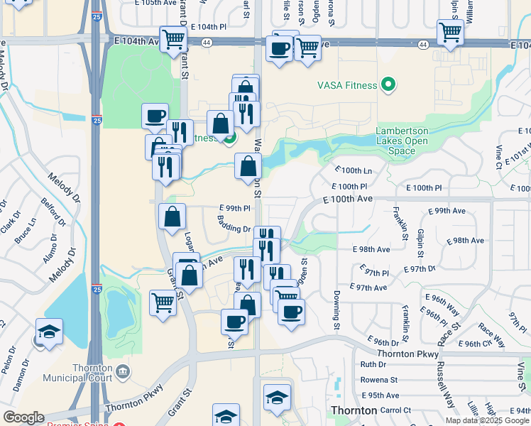 map of restaurants, bars, coffee shops, grocery stores, and more near 680 East 99th Place in Thornton