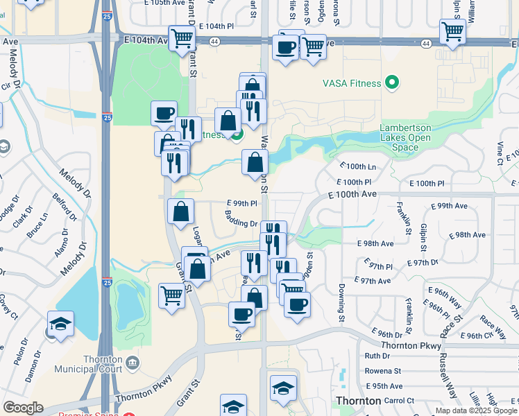 map of restaurants, bars, coffee shops, grocery stores, and more near 680 East 99th Place in Thornton