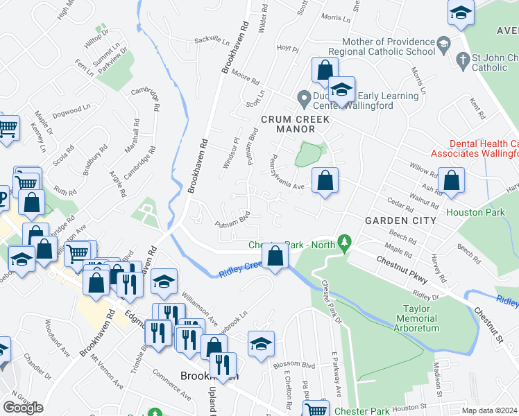 map of restaurants, bars, coffee shops, grocery stores, and more near 1000 Putnam Boulevard in Delaware County