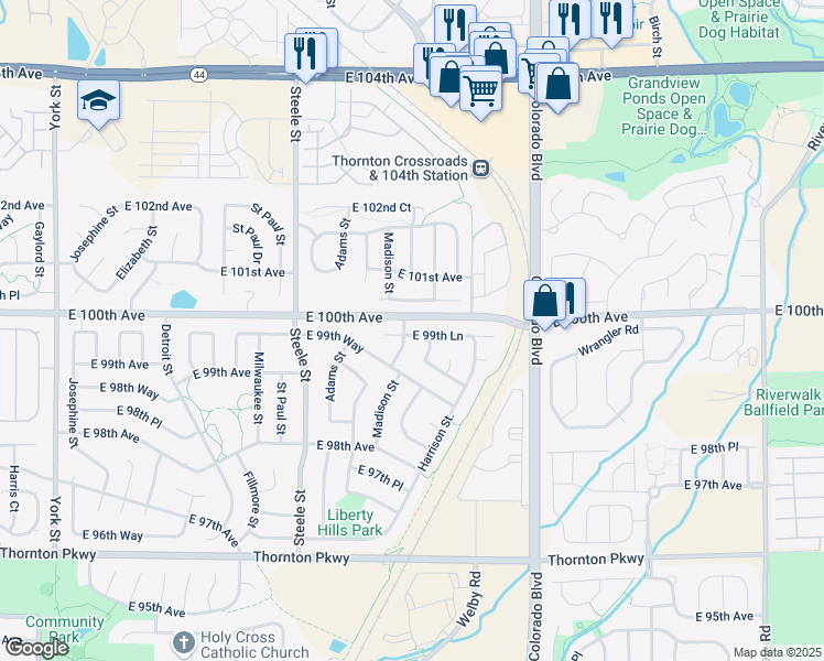 map of restaurants, bars, coffee shops, grocery stores, and more near 3681 East 99th Lane in Thornton