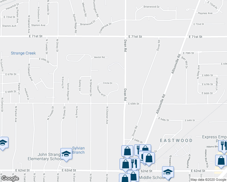map of restaurants, bars, coffee shops, grocery stores, and more near 6545 Chester East Drive in Indianapolis
