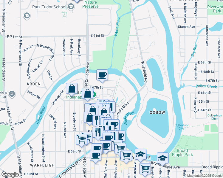 map of restaurants, bars, coffee shops, grocery stores, and more near 6686 Cornell Avenue in Indianapolis