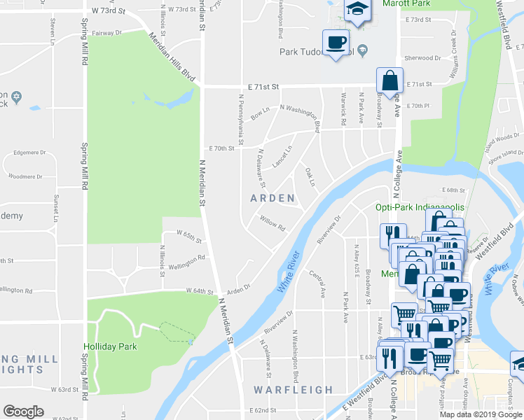 map of restaurants, bars, coffee shops, grocery stores, and more near 6861 Washington Boulevard West in Indianapolis