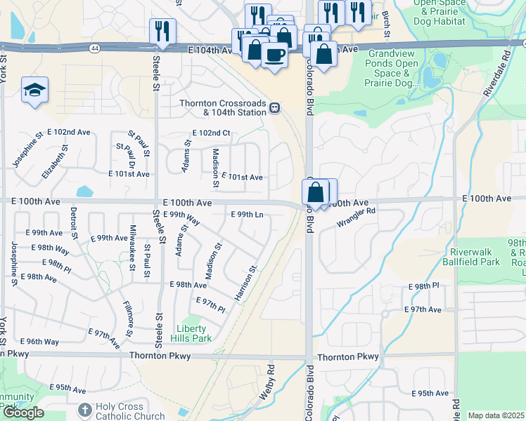 map of restaurants, bars, coffee shops, grocery stores, and more near 3781 East 99th Lane in Thornton