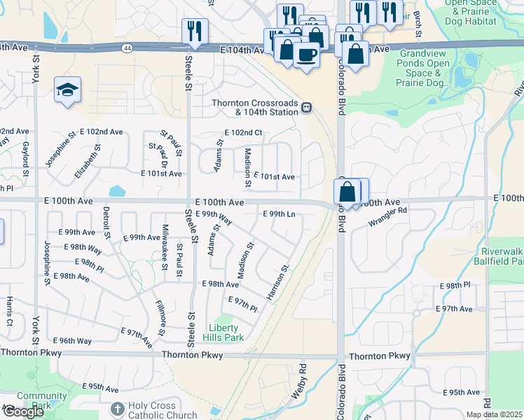 map of restaurants, bars, coffee shops, grocery stores, and more near 3681 East 99th Lane in Thornton