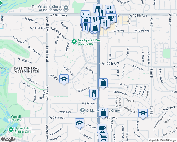 map of restaurants, bars, coffee shops, grocery stores, and more near 9971 Grove Street in Westminster