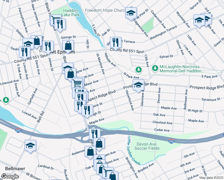 map of restaurants, bars, coffee shops, grocery stores, and more near 1839 Prospect Ridge Boulevard in Haddon Heights