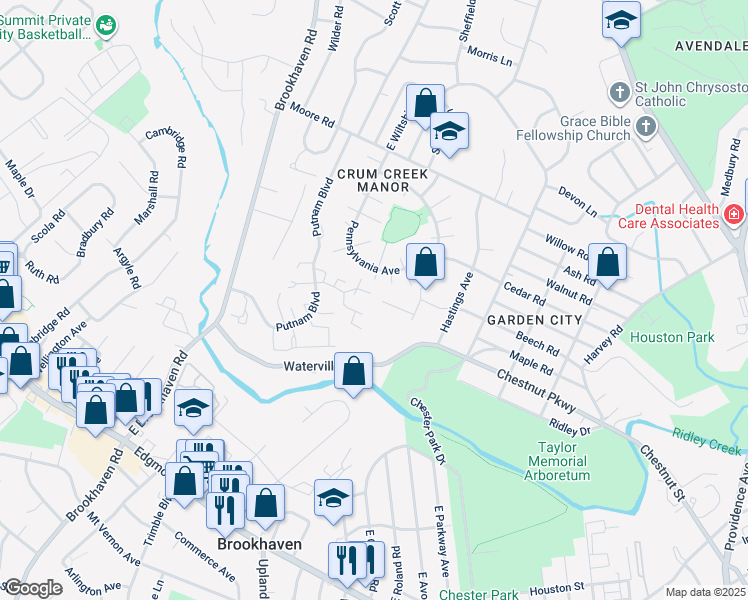 map of restaurants, bars, coffee shops, grocery stores, and more near 376 Saybrook Lane in Nether Providence Township