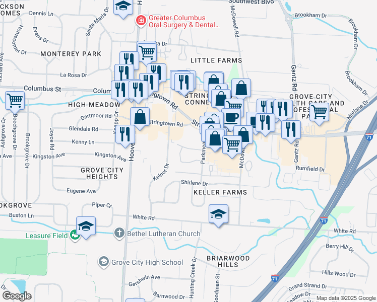 map of restaurants, bars, coffee shops, grocery stores, and more near 4239 Springport Drive in Grove City