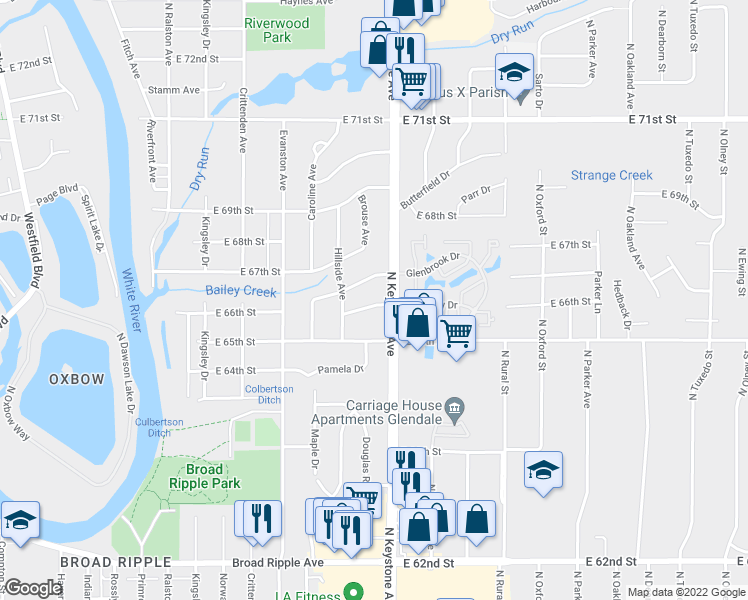 map of restaurants, bars, coffee shops, grocery stores, and more near 6606 North Keystone Avenue in Indianapolis