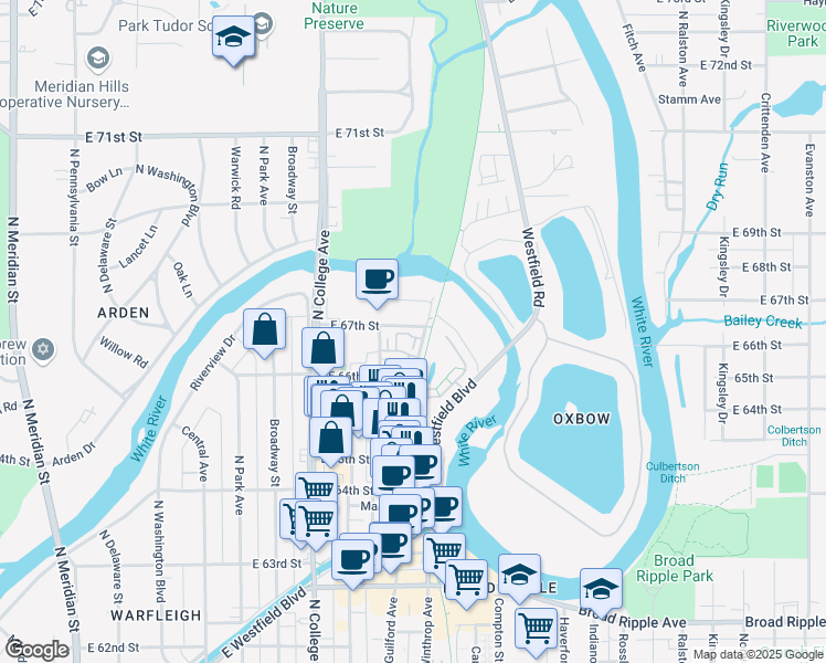 map of restaurants, bars, coffee shops, grocery stores, and more near 6686 Cornell Avenue in Indianapolis