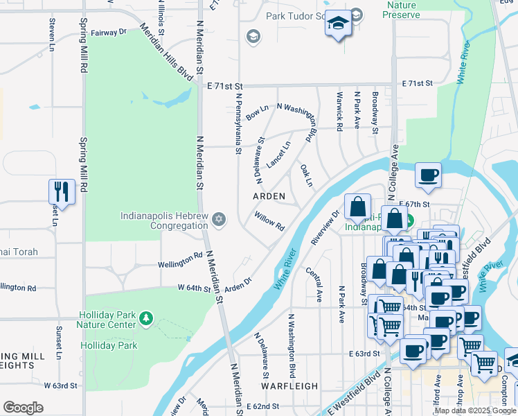 map of restaurants, bars, coffee shops, grocery stores, and more near 6861 Washington Boulevard West in Indianapolis