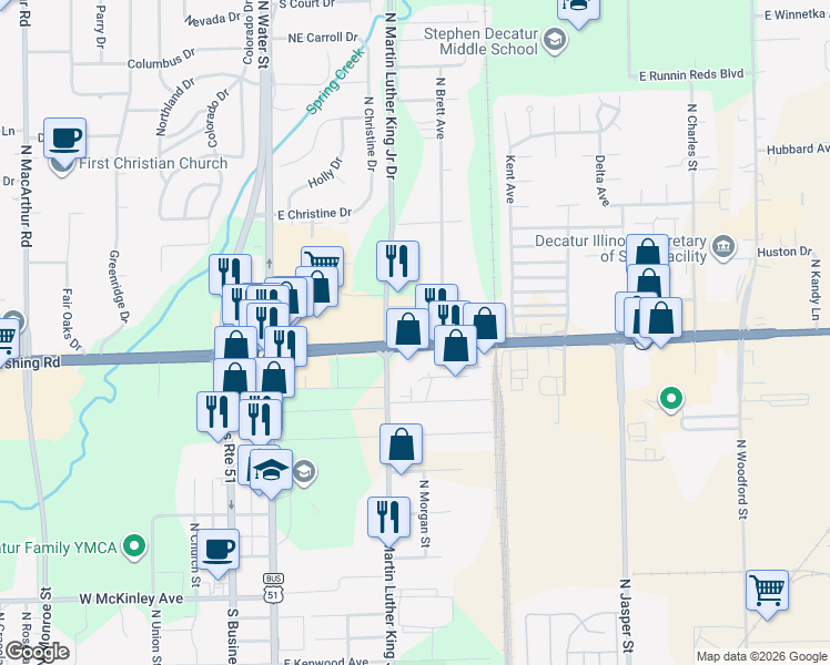 map of restaurants, bars, coffee shops, grocery stores, and more near 3000-3018 North Martin Luther King Junior Drive in Decatur