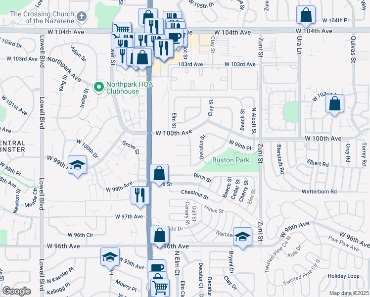map of restaurants, bars, coffee shops, grocery stores, and more near 2806 West 99th Circle in Federal Heights