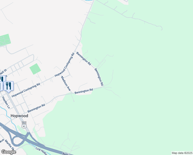 map of restaurants, bars, coffee shops, grocery stores, and more near 289 Bennington Road in Hopwood