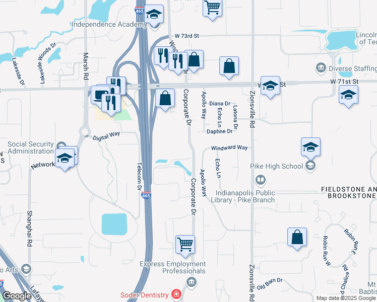 map of restaurants, bars, coffee shops, grocery stores, and more near 6700 Corporate Drive in Indianapolis