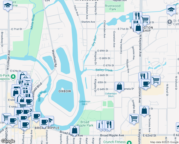 map of restaurants, bars, coffee shops, grocery stores, and more near 1708 E 66th St in Indianapolis