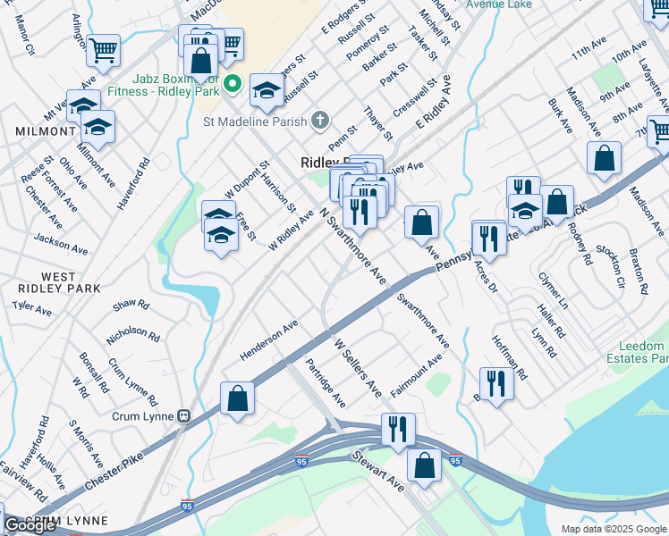 map of restaurants, bars, coffee shops, grocery stores, and more near 15 West Sellers Avenue in Ridley Park