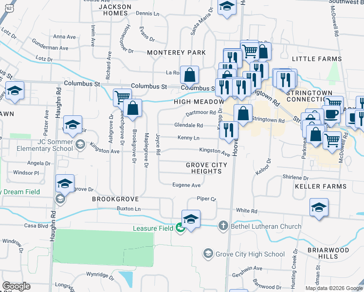 map of restaurants, bars, coffee shops, grocery stores, and more near 2674 Kingston Avenue in Grove City