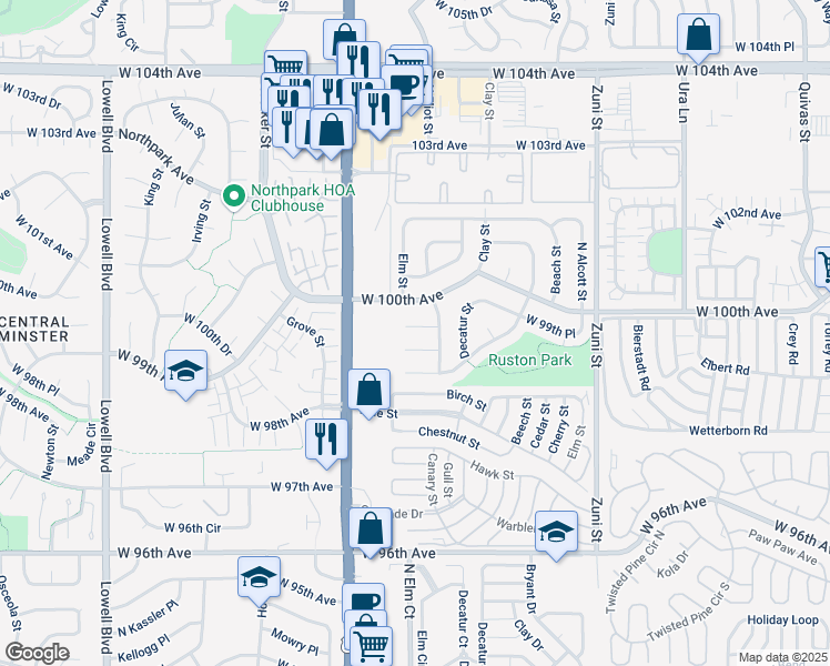map of restaurants, bars, coffee shops, grocery stores, and more near 2806 West 99th Circle in Federal Heights