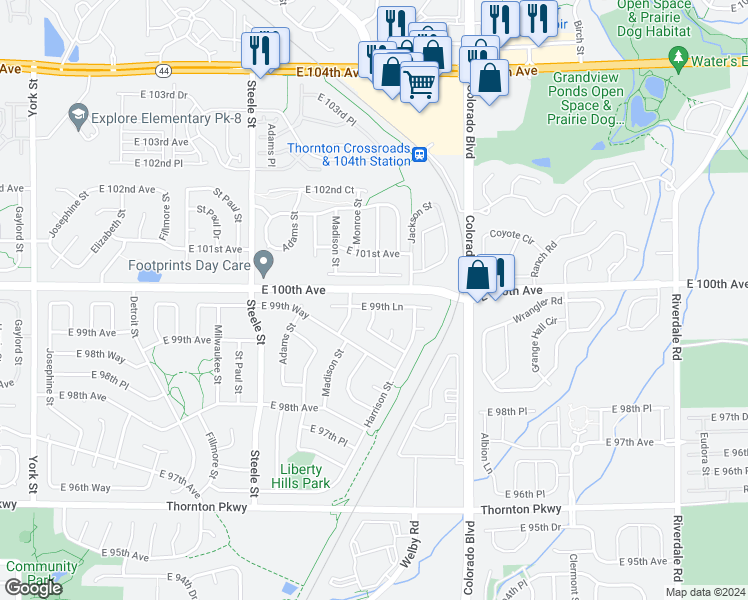 map of restaurants, bars, coffee shops, grocery stores, and more near 3681 East 99th Lane in Thornton
