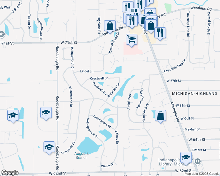 map of restaurants, bars, coffee shops, grocery stores, and more near 3142 Waterloo Circle in Indianapolis