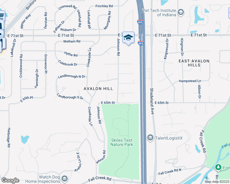 map of restaurants, bars, coffee shops, grocery stores, and more near 6544 Johnson Road in Indianapolis