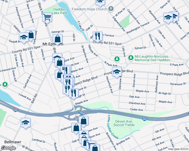 map of restaurants, bars, coffee shops, grocery stores, and more near 1839 Prospect Ridge Boulevard in Haddon Heights