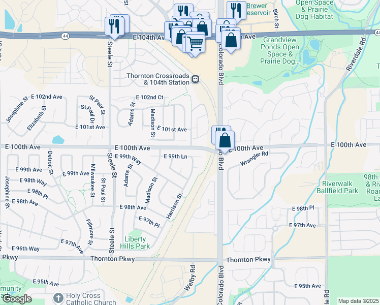 map of restaurants, bars, coffee shops, grocery stores, and more near 3781 East 99th Lane in Thornton