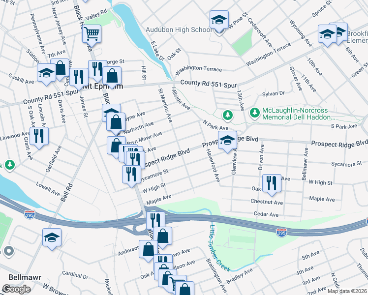map of restaurants, bars, coffee shops, grocery stores, and more near 1900 South Park Avenue in Haddon Heights